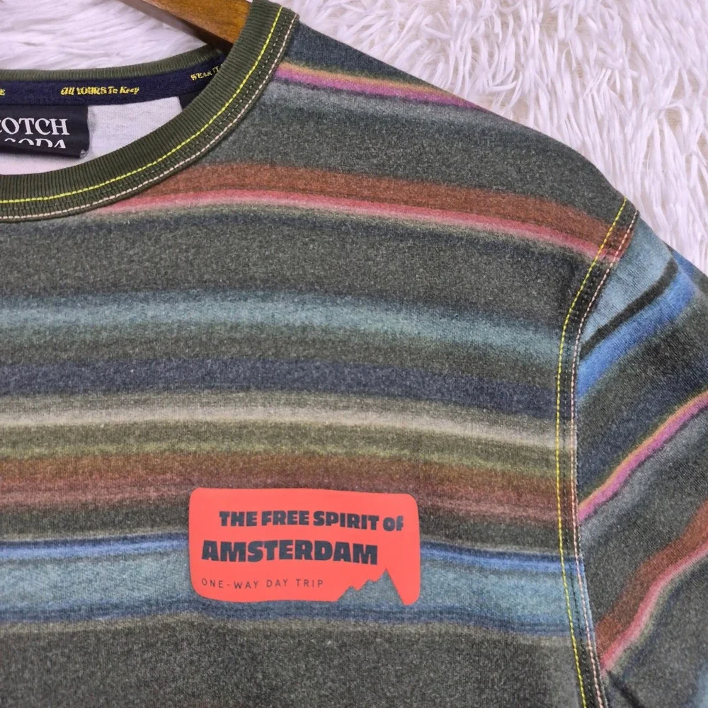 Scotch & Soda Amsterdam Mens Striped Short Sleeve T-Shirt Green Multi Size M